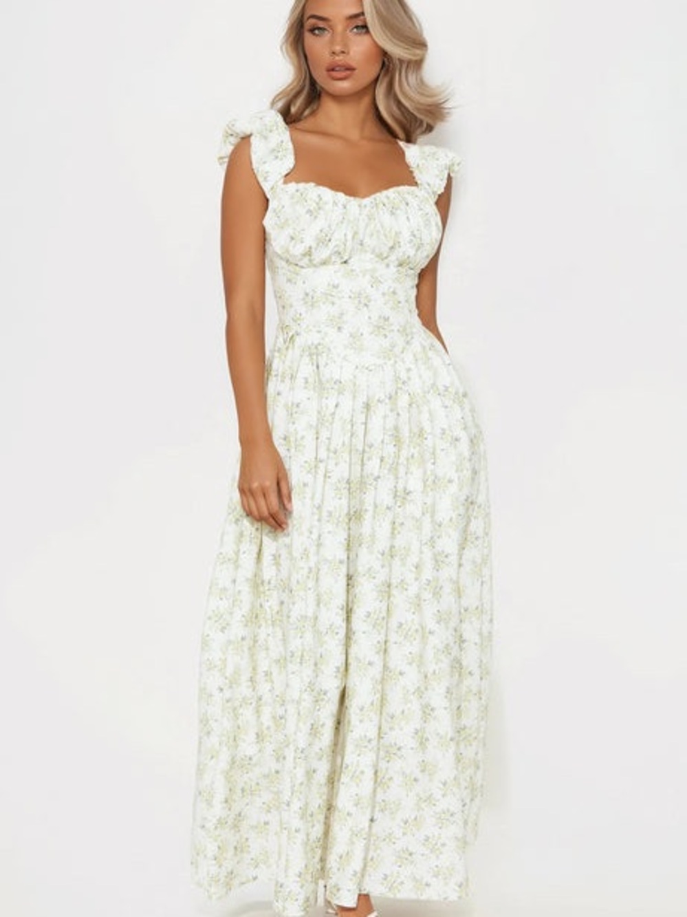 Fashion Nova Light Green Floral Tie-Shoulder Maxi Dress